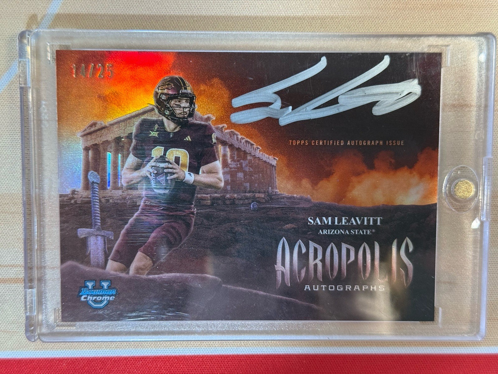 2025 Bowman Chrome U Acropolis Sam Leavitt Auto /25 Orange Case Hit On Card RC