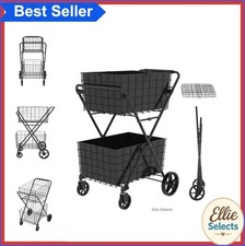 Foldable Shopping Cart with Wheels 2 Layer Grocery Cart Double Basket 360