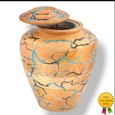 Handmade Wooden Cremation Urn Mango Wood Blue Resin Adult Funeral Memorial 200cu