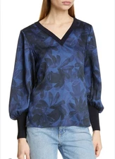 TED BAKER Taliyer Blouson Sleeve Too Blouse Size 10 Blue Black Floral