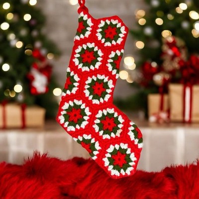 Vintage Christmas Stocking Hand Crocheted Granny Squares Red Green White