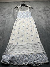 American Eagle Floral Embroidered Tiered Maxi Dress Tie Strap White Blue Small S
