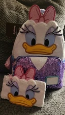 New With Tags Loungefly Disney Daisy Duck Sequin Mini Backpack & Wallet*