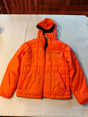 Columbia Boys Orange Hooded Down Puffer Hunting Jacket Full Zip Pockets Size L