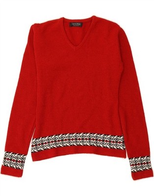 Divina Damen Pullover Pulli V-Ausschnitt UK 8 Small rot Fair Isle Wolle DA31
