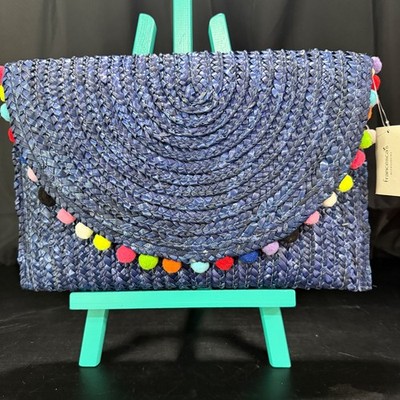 NWT Pom Pom Straw Clutch Purse Francesca Navy with Colorful Pom Poms 11.5 X 7.5 
