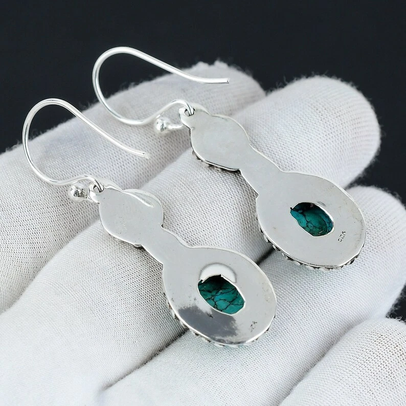 Blue Turquoise Gemstone Handmade 925 Sterling Silver Jewelry Earring Size-1.75" - Image 4 of 4