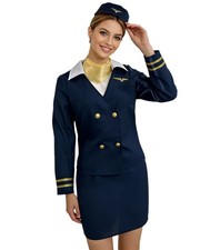 Damen Air Hostess Kostüm | dunkelblau Flugbegleiter Uniform Kleid mit Hut