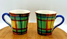 VIETRI Madras Plaid Multicolor Cups Mugs 14oz Italy HTF Vintage Set of 2