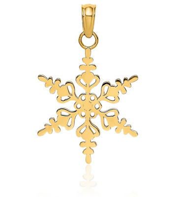 14K Solid Yellow Gold Filigree Medium Snowflake Heart Pendant Necklace 21.6mm