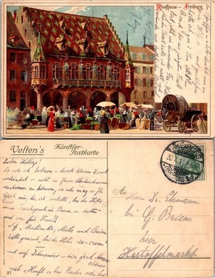 Veltens Postcard Freiburg Rathaus Market Scene Germany Vintage Postmarked Used