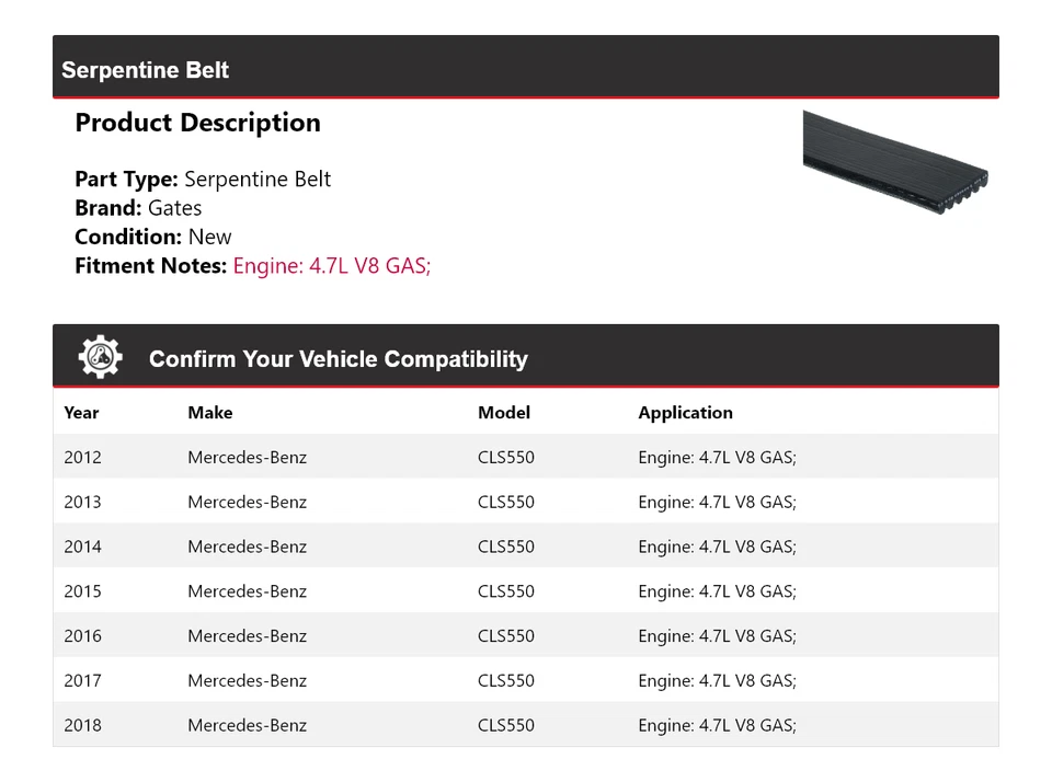Para Mercedes-Benz CLS550 2012-2018 4,7 L V8 Gas Serpentine Belt Gates 2013 2014 Foto 2 de 4