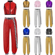 Girl Hip Hop Jazz Dance Set 2Pcs Shiny Sequins Crop Top Pants Stage Performance