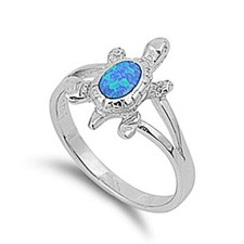 Fine Women 15mm 925 Sterling Silver Simulated Blue Opal Turtle Ring Band