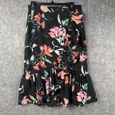 Eliza J Size 10 Skirt Floral Ruffled High Waisted Knee Length Black Red Pink