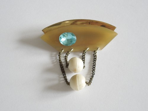 Broche Vintage En Plastique Bleu Marine Et Blanc Cassé - Années 80 - Bon état