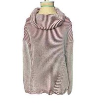 Image of Rachel Zoe Cotton Blend Cowl Funnel Neck Ribb Burgundy White Sweater NWT Size S 
