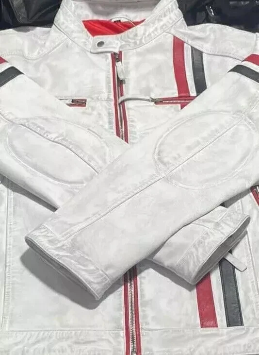 Chaqueta de motociclista Driver Gulf Style blanca de cuero real para hombre Foto 4 de 4
