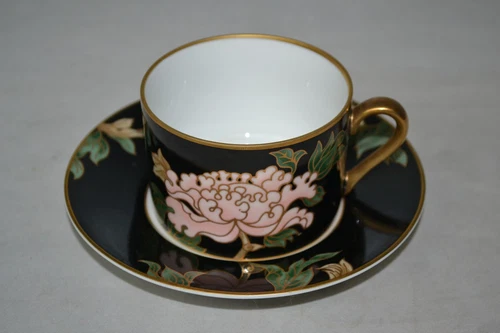 Vintage Fitz & Floyd Cloisonne Peony Black Flat Cup & Saucer