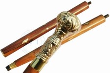 Antique Brass Solid Round Engraved Handle Victorian Wooden Walking Stick Cane