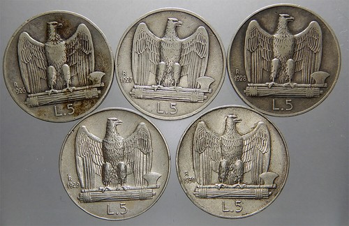 REGNO D'ITALIA lotto 5 monete 5 lire Aquilino anni 1926, 1927, 1928, 1929 e 1930