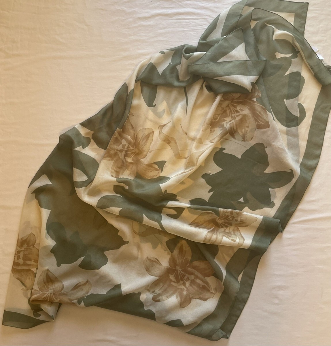 Mortada Scarf Shawl Sheer Soft Green Brown Cream Floral Made in