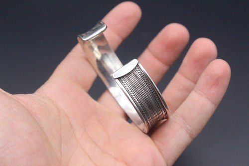 Pulsera de plata de ley 925K, brazalete ancho tallado, brazaletes hechos a mano, - Imagen 10 de 13