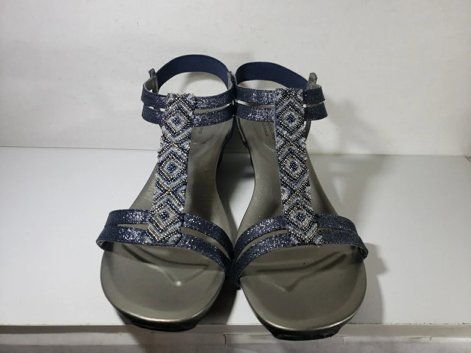 Zapatos Bandolino Sandalia Mujer 10M Cuentas Azul Adornado Deslizable 2" Tacón Cuña Foto 3 de 4