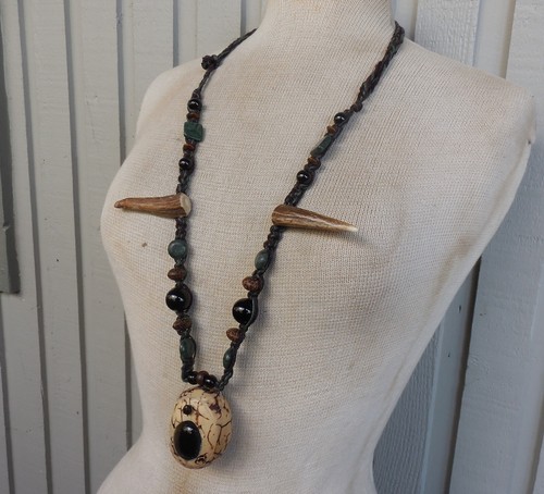 Tagua Nut Stash Hemp Necklace Onyx Inlay Kambala Jasper Cruelty Free Antler Tips - Picture 9 of 15