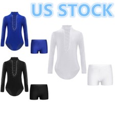 Kids Boys Rhinestone Latin Leotard Long Sleeve Bodysuit Tops with Shorts Set