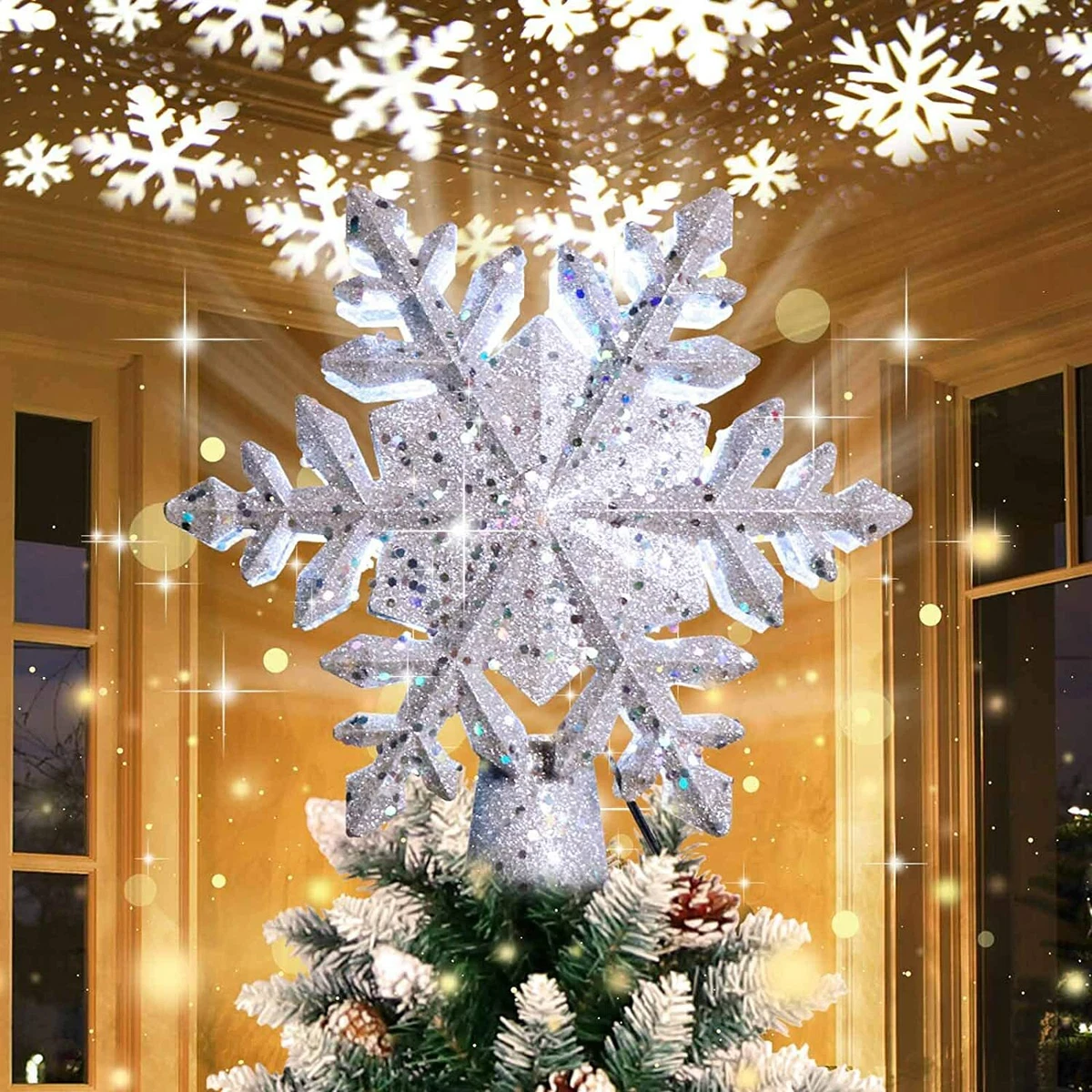 Christmas Tree Topper with LED Rotating Snowflake Projector