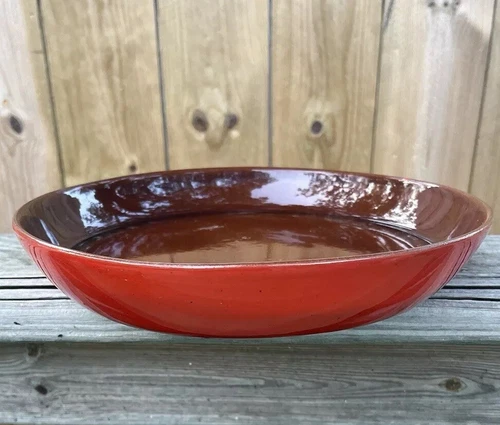 Vintage FRANKOMA Pottery Flame Red 10” Pie Plate #91, chocolate Brown interior