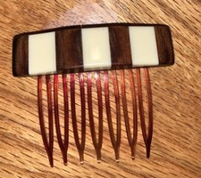 Vintage Lucite Plastic Hair Comb Ivory Colored  Brown Faux Wood Stripe