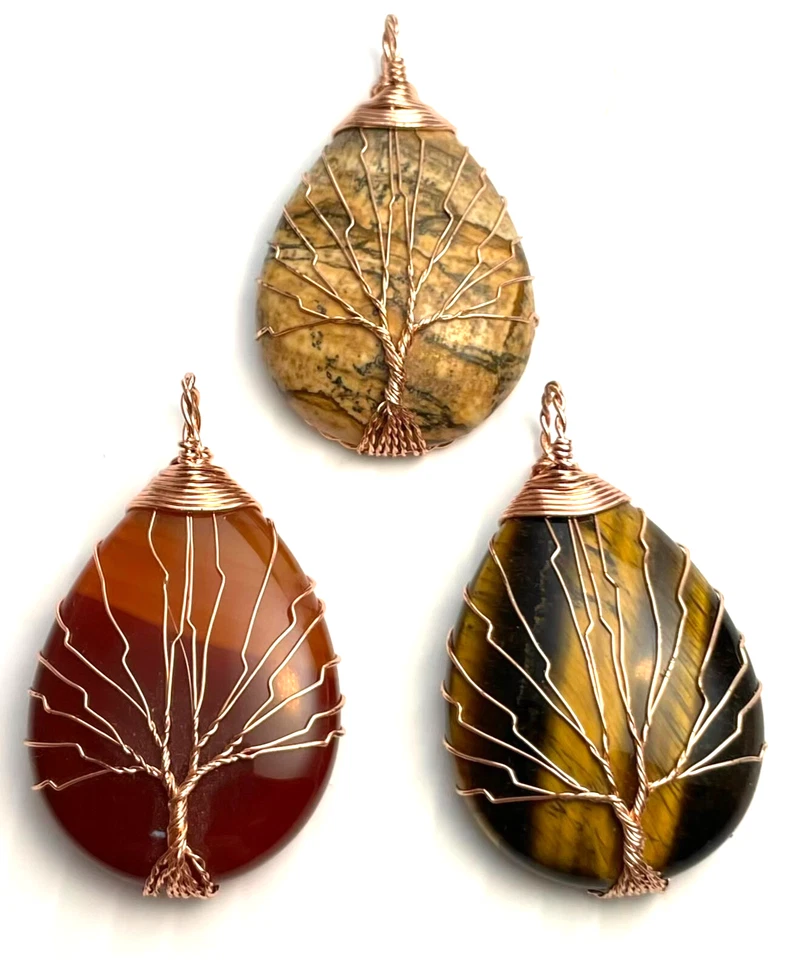 Lote 3 Colgantes Lágrima Piedras Cuadro Jaspe Ojo de Tigre Cornalina Árbol de la Vida Foto 3 de 4