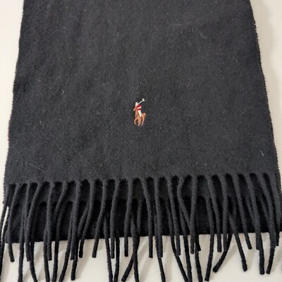 Polo Ralph Lauren 100% Lambswool Scarf Black Polo Logo Preppy Academia  Fringe