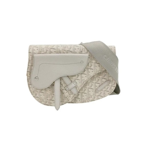 Christian Dior Saddle Messenger Crossbody Bag Off White Grey Oblique Canvas AUTH