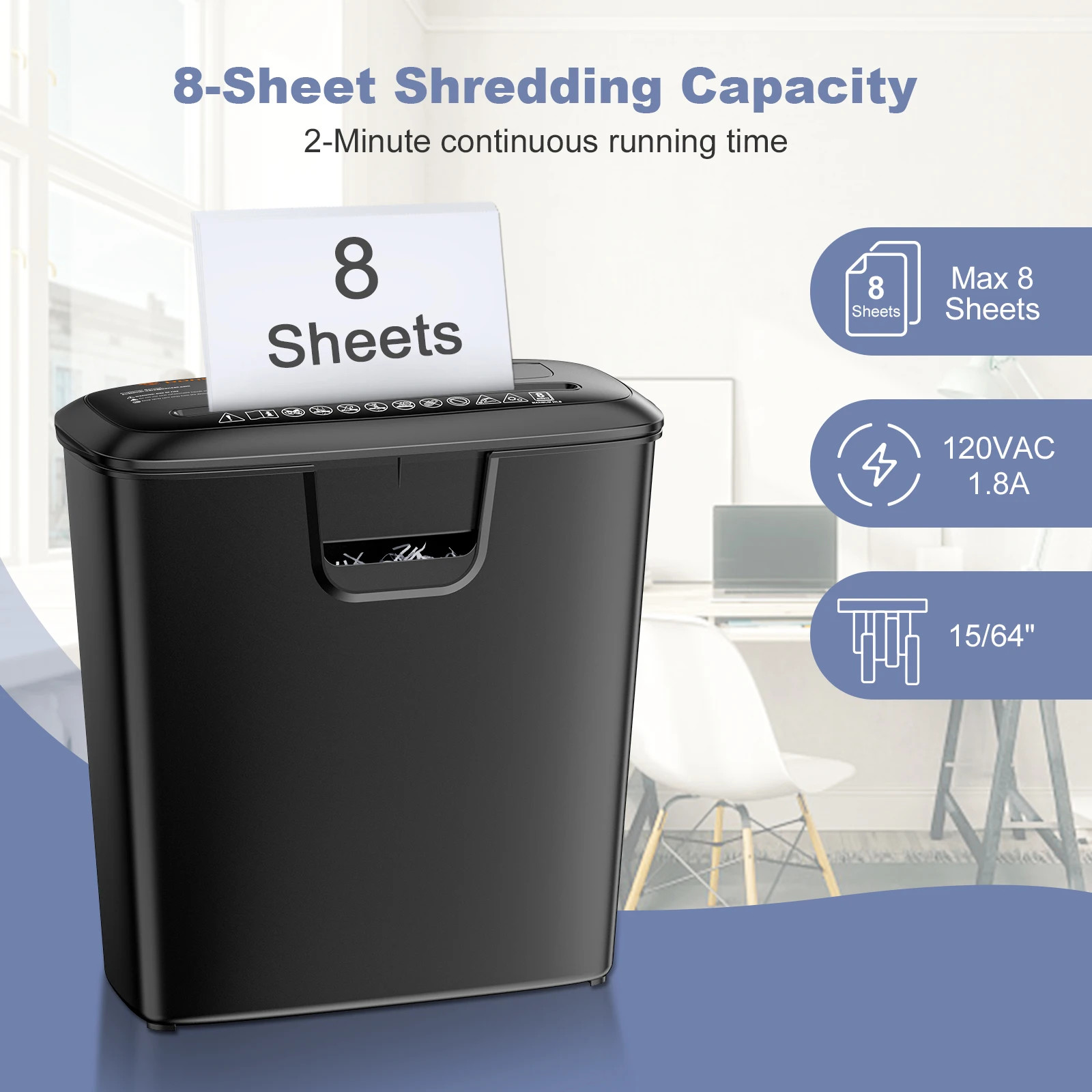 Paper Manual Reversal 8-Sheet Strip Cut Shredder for Home Us