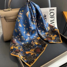 100 Silk Scarf Women Vintage Blue Leaves Kerchief Square Bandana Wrap 68 68cm