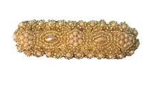 Vintage Beaded Embroidered Brooch Pin Gold & Cream Cloth Back