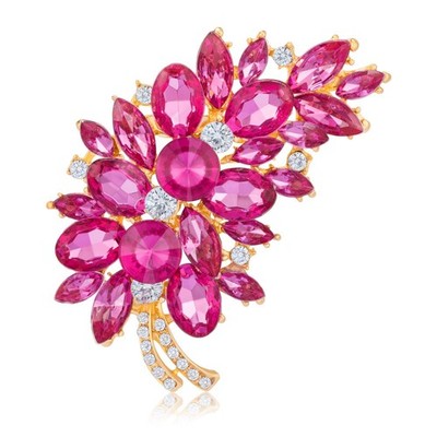 Vintage Pink Austrian Crystal Flower Leaf Bouquet Clusters Large Big Brooch Pin