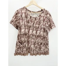 LOGO Lounge Brown Purple Printed Short Sleeve Tunic Top Women's Size Medium M