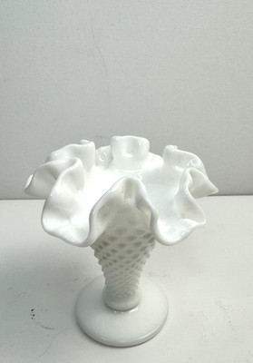 Vintage Fenton Hobnail Milk Glass Ruffled Top Miniature Trumpet Vase 3.75 
