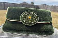 Vintage 1960s Dark Green Velvet Clutch Purse Sequin Jewel Evening Bag