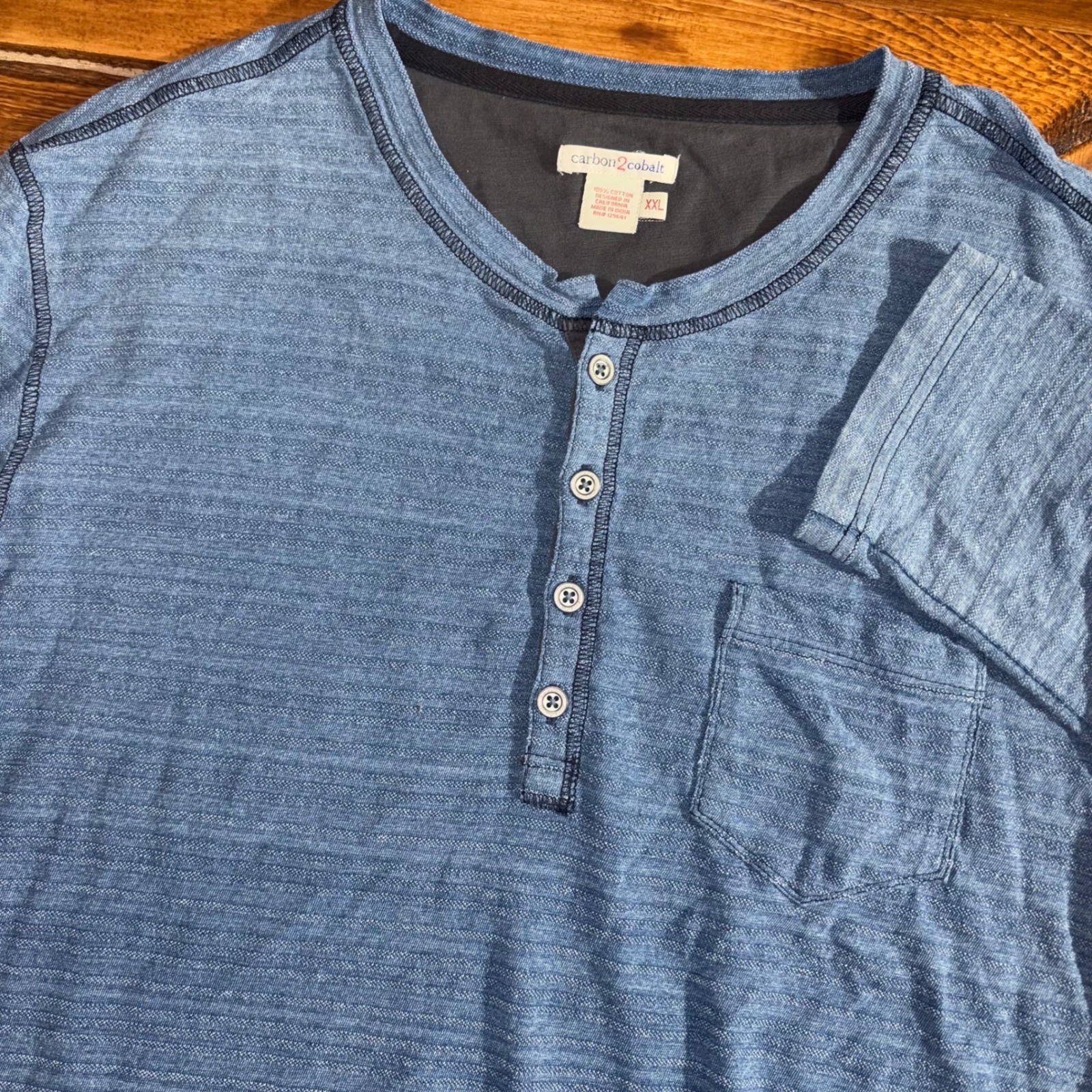 Carbon 2 Cobalt Henley Shirt Mens XXL Blue Long Sleeve Cotton Slub Pocket
