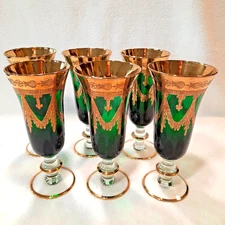 VTG Set of 6 Arte Italica Medici Footed Flutes Emerald Green w/ Gold Trim 7.5"T
