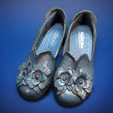 Socofy Style Womens Sz US 6.5 Asian 235 Dark Teal Floral Leather Low Heels Shoes