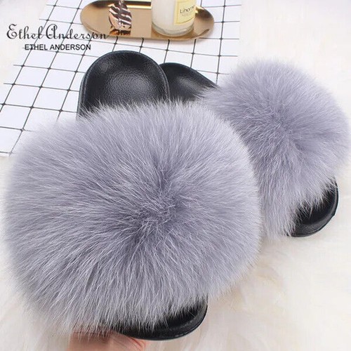 Real Farm Fox Fur Furry Slippers Fluffy Fuzzy Slides Plush Women Style Pretty - Picture 24 of 42