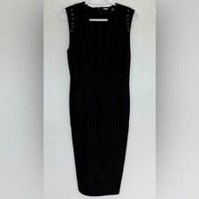 Tahari Black Sheath Dress Size 4 Gold Button Sleeveless Stretch Midi