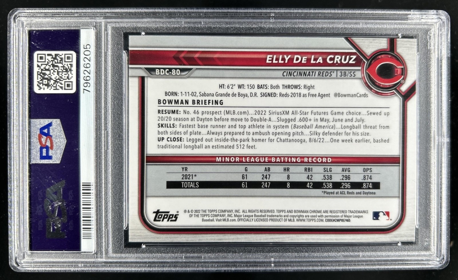 2022 Bowman Draft Sapphire Elly De La Cruz Chrome Green #/50 Reds PSA 10 view 2