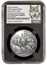 2025 Canada 1oz Silver Great Hunters Wolf UHR Proof NGC PF70 UC FDOI w/ Black Co
